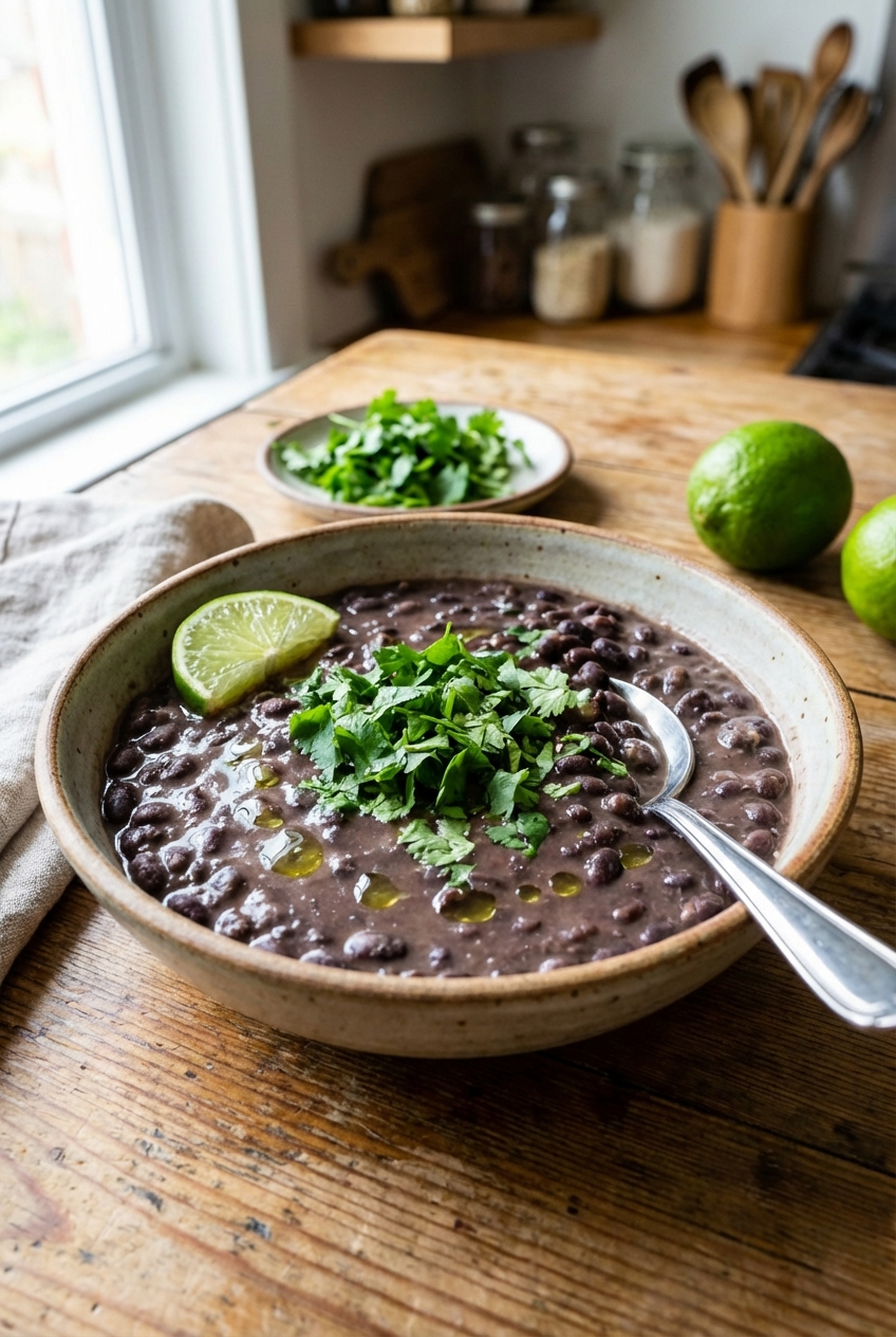 A bowl of creamy black beans topped with cilantro and a squeeze of lime on a wooden table