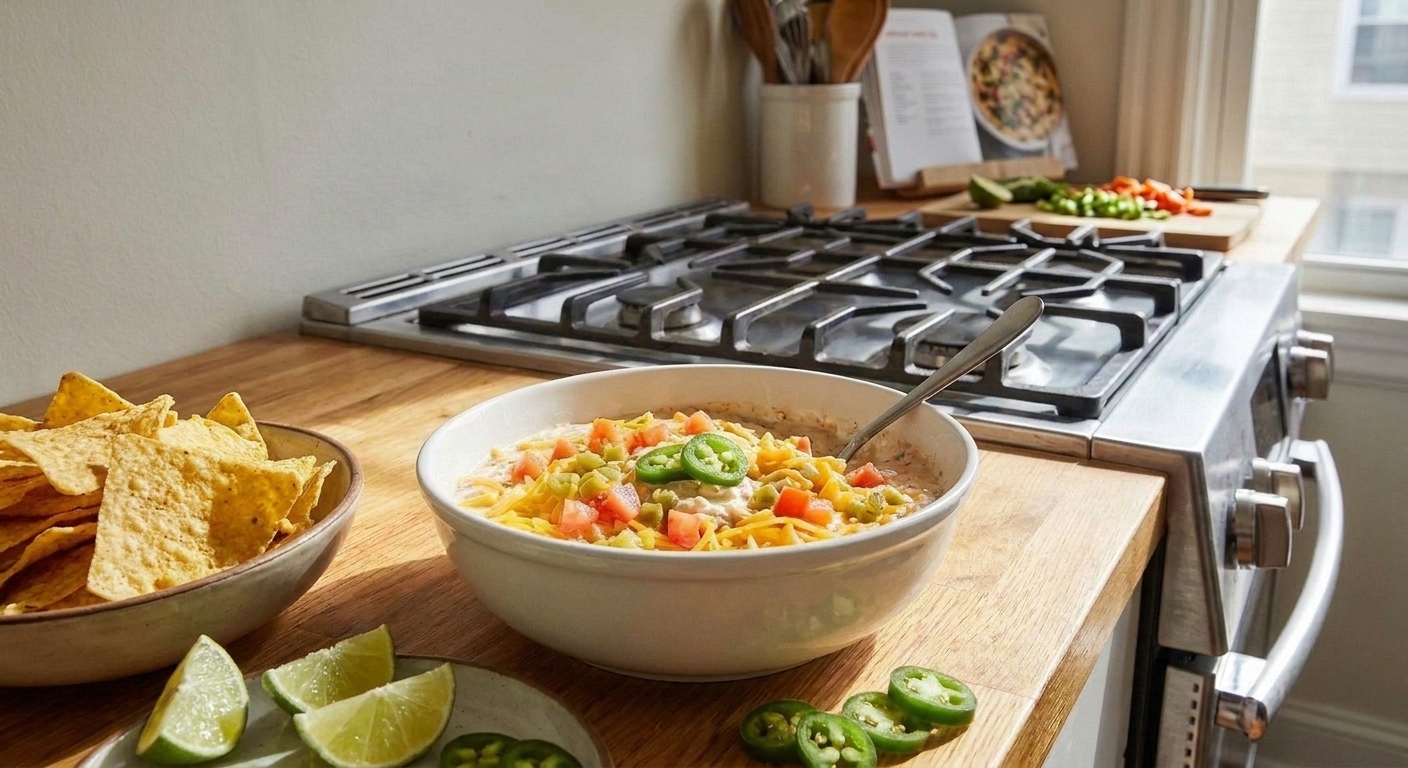 A bowl of creamy boat dip on a bright kitchen counter surrounded by tortilla chips, sliced jalapeños, and lime wedges