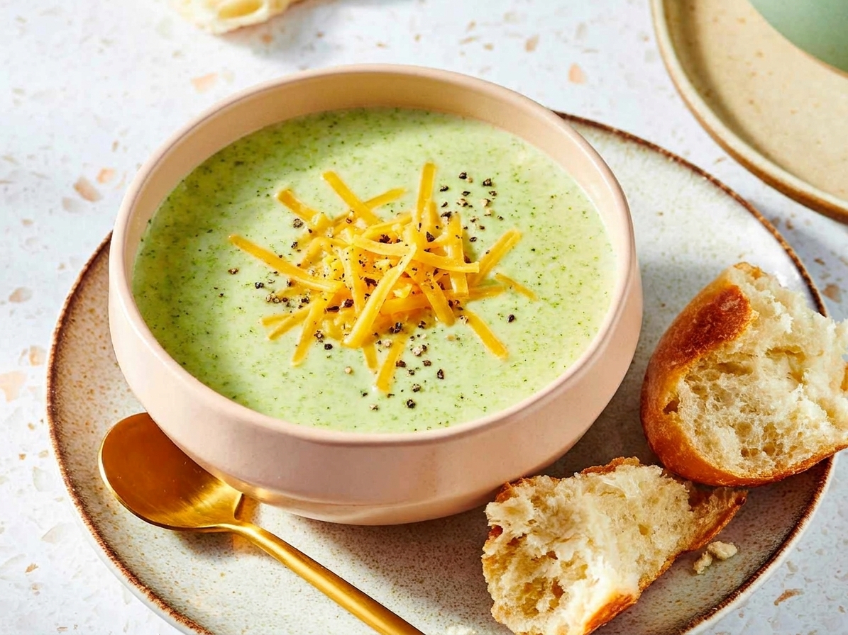 A bowl of creamy broccoli soup topped with shredded cheddar and black pepper on a kitchen table