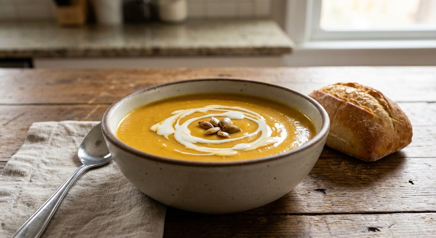 A bowl of creamy butternut squash soup with a swirl of cream