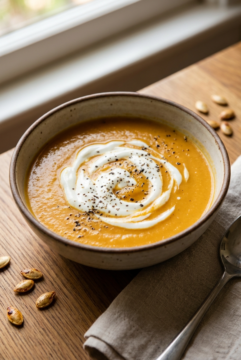 A bowl of creamy butternut squash soup with black pepper and a swirl of yogurt