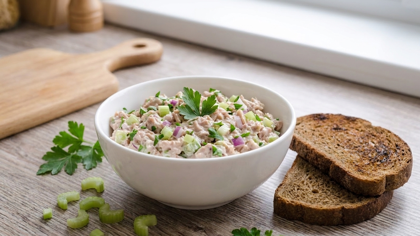 A bowl of creamy canned chicken salad with celery and herbs beside toasted sandwich bread on a bright kitchen counter