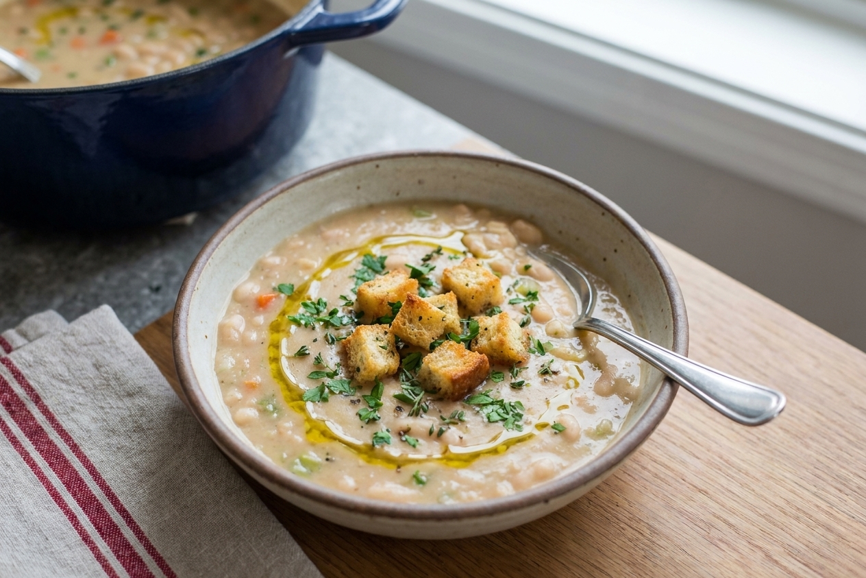 A bowl of creamy cannellini bean soup topped with olive oil, chopped herbs, and croutons on a simple dinner table with a spoon