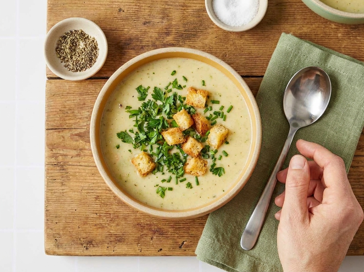 A bowl of creamy celery soup topped with chopped herbs and croutons on a wooden table with a spoon nearby