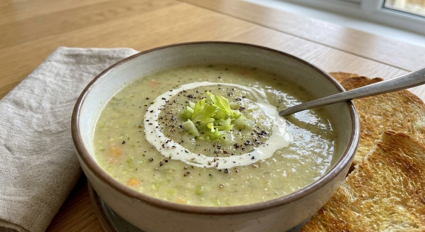 A bowl of creamy celery soup with a swirl of cream, cracked black pepper, and chopped celery leaves on top, set on a light kitchen table with a spoon and linen napkin
