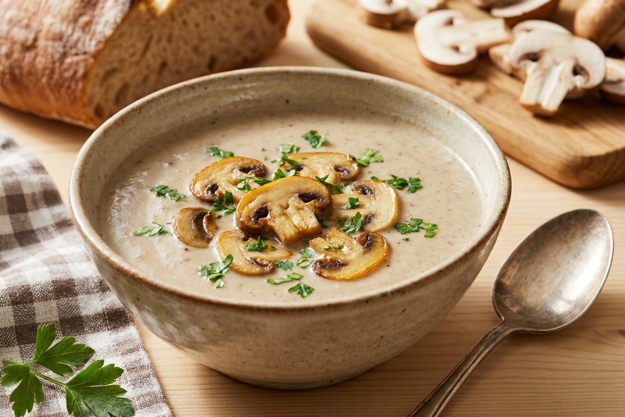 A bowl of creamy champignon mushroom soup garnished with sautéed mushroom slices and chopped parsley on a light wood table with a spoon beside it