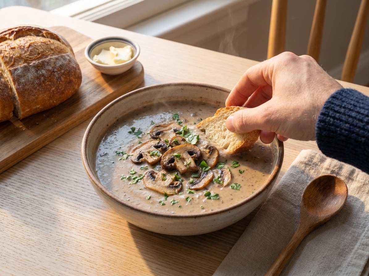 A bowl of creamy champignon mushroom soup topped with sliced sautéed mushrooms and chopped parsley, set on a light wood table with a spoon and crusty bread nearby in warm natural light