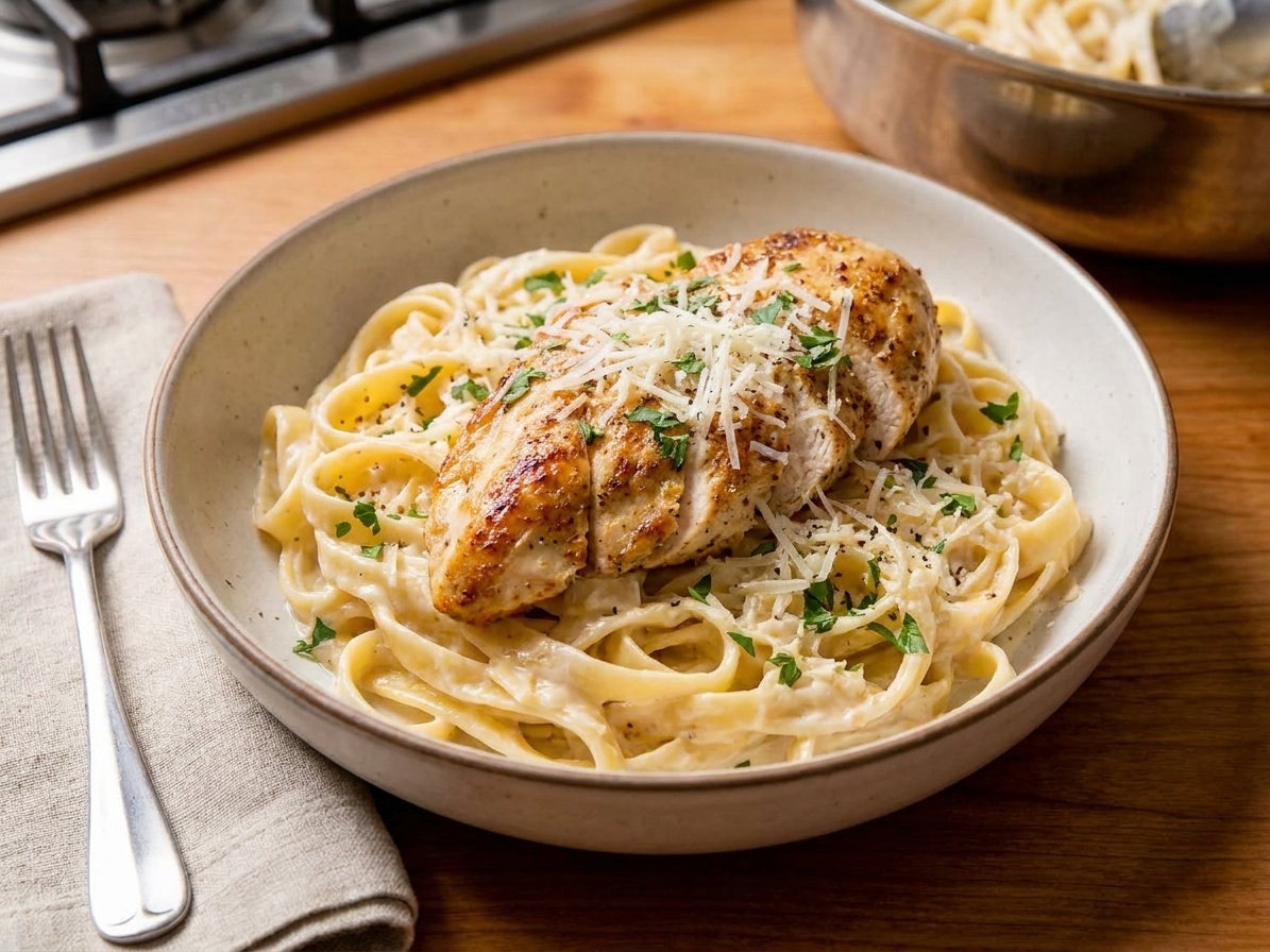A bowl of creamy chicken Alfredo with fettuccine, sliced grilled chicken, and grated Parmesan on top, served on a wooden table with a fork and napkin