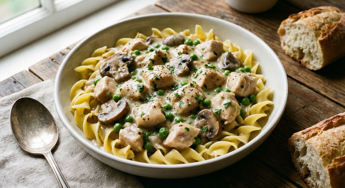 A bowl of creamy chicken ala king with mushrooms and peas served over buttery egg noodles on a wooden table