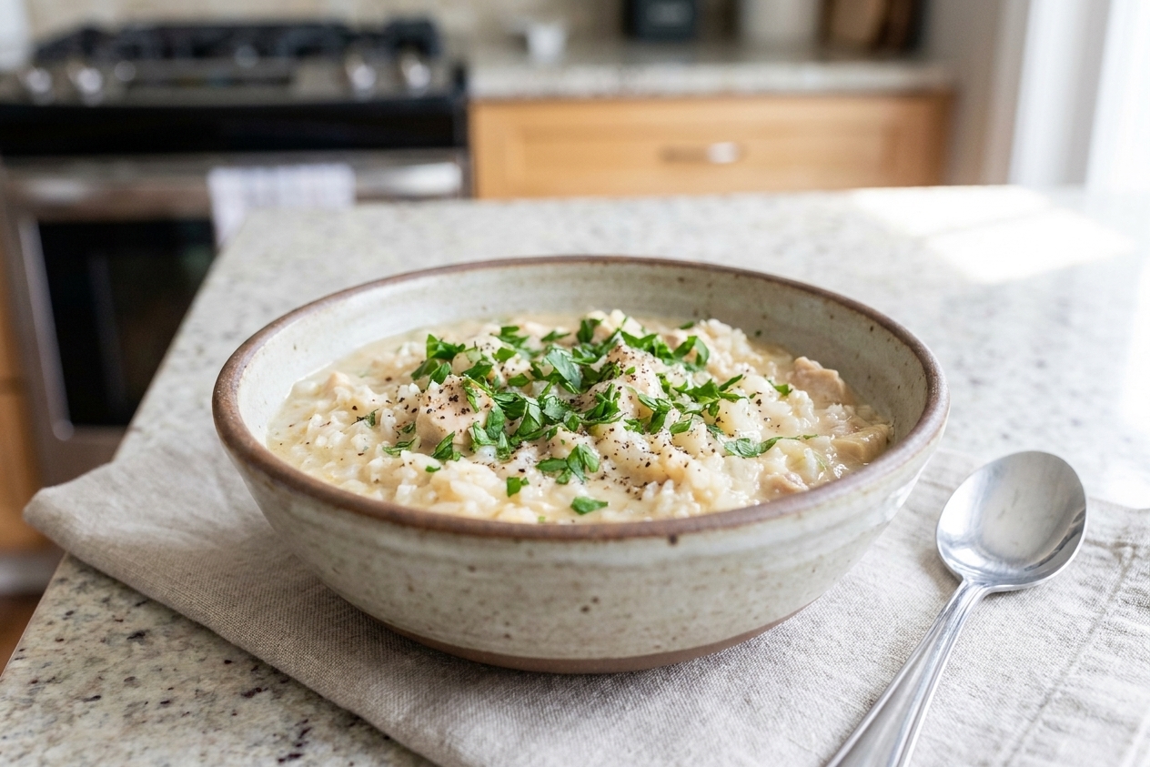 A bowl of creamy chicken and rice topped with chopped parsley and cracked black pepper on a neutral-toned table setting