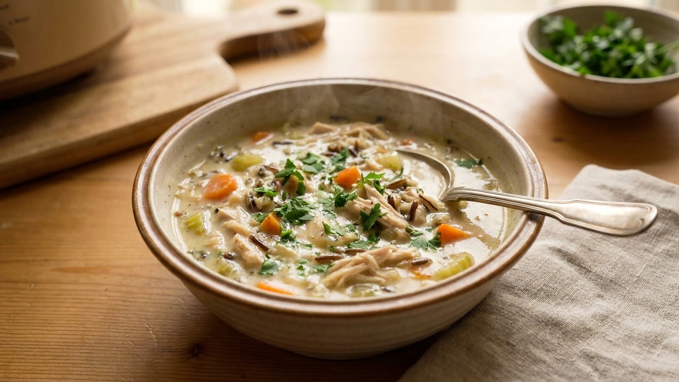 A bowl of creamy chicken and wild rice soup topped with chopped parsley on a simple table setting with a spoon and napkin