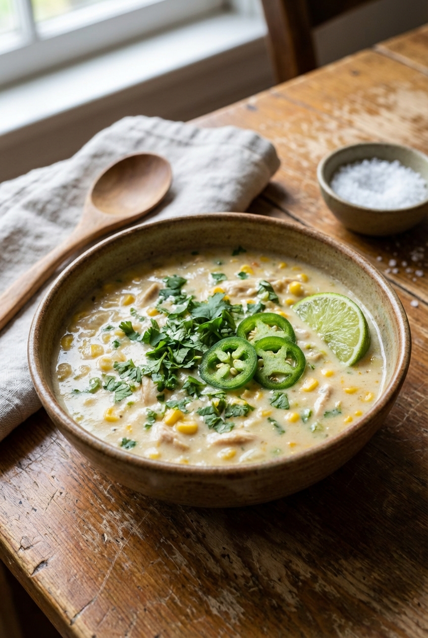 A bowl of creamy chicken corn chowder topped with cilantro, jalapeño slices, and a lime wedge on a rustic kitchen table