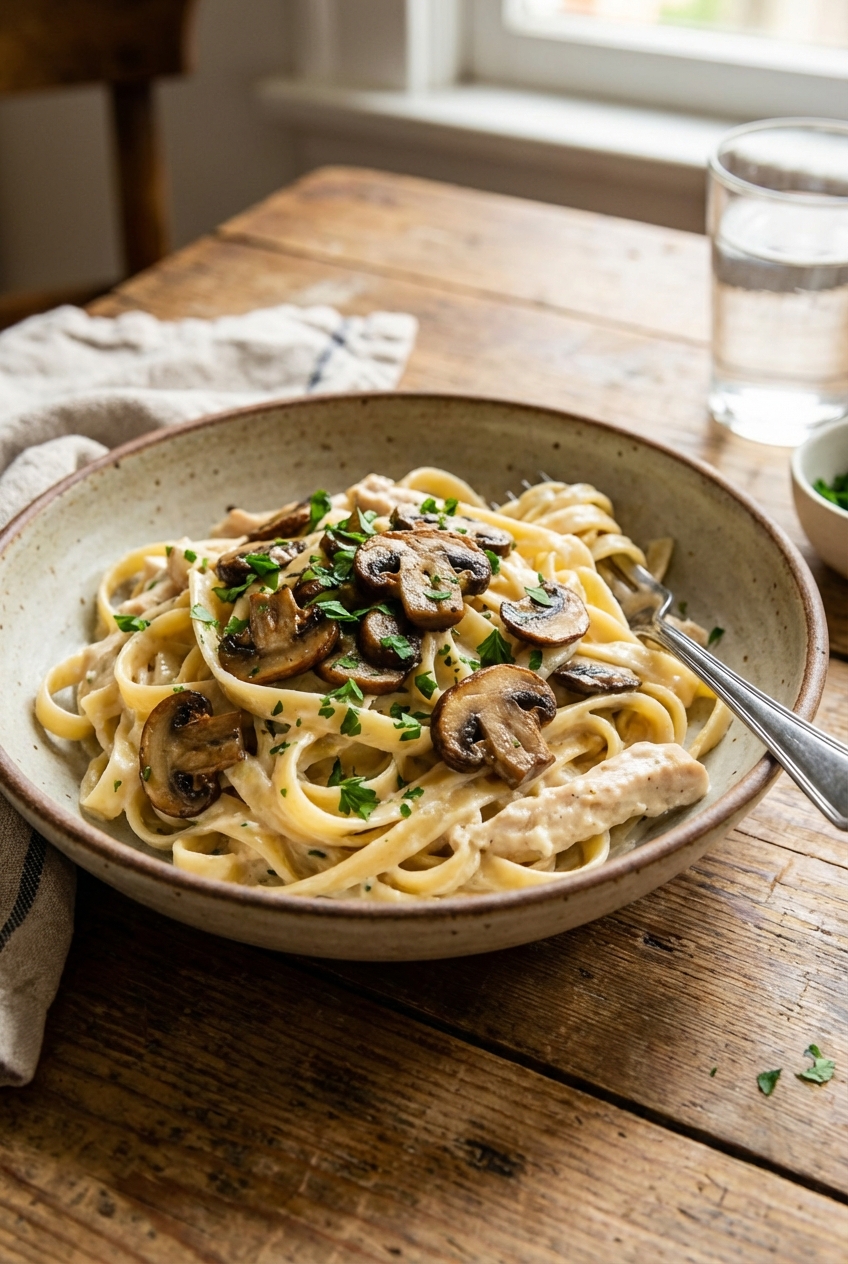 A bowl of creamy chicken fettuccine Alfredo with sautéed mushrooms and parsley on a wooden table