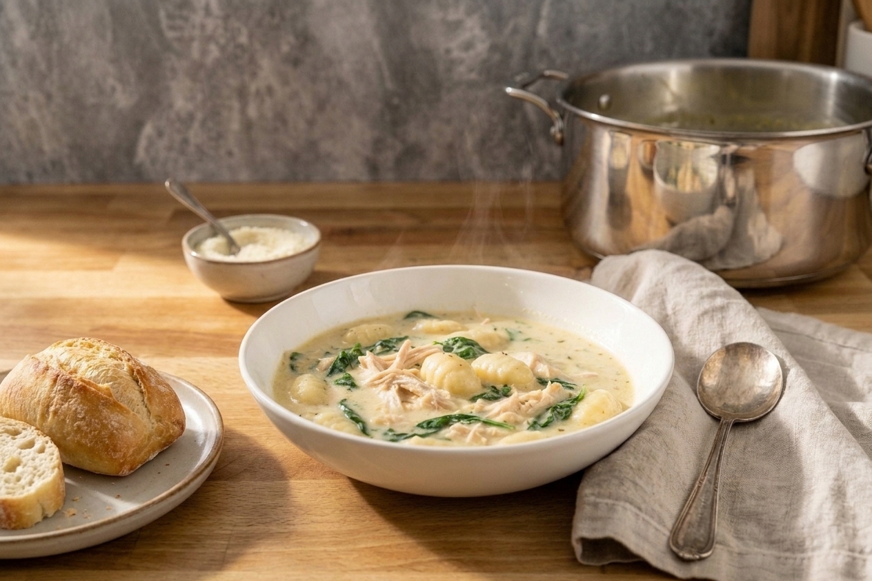 A bowl of creamy chicken gnocchi soup on a dinner table set with a spoon, linen napkin, and a small plate of bread