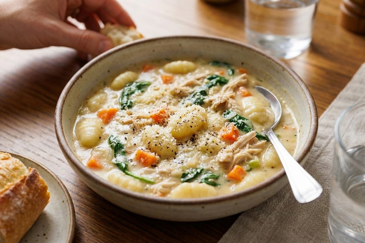 A bowl of creamy chicken gnocchi soup with spinach and carrots, topped with grated Parmesan and black pepper, set on a dinner table