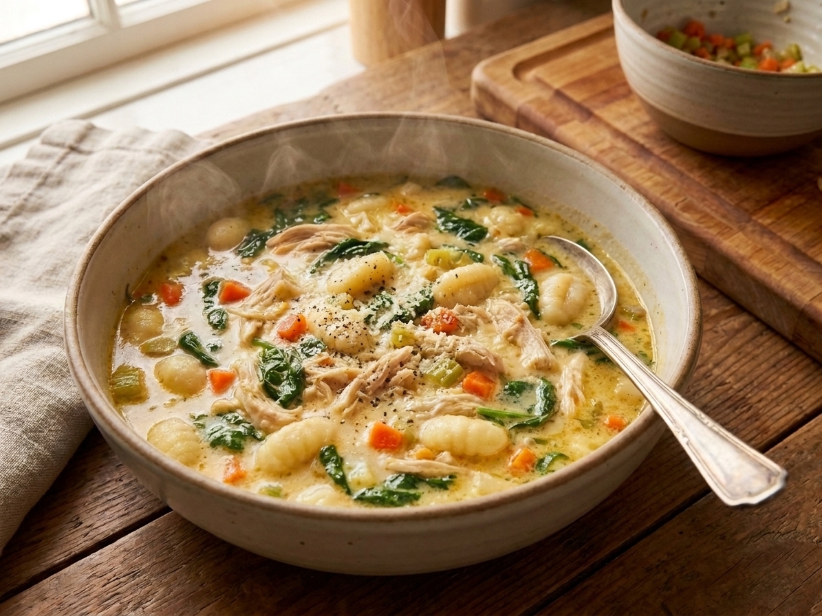 A bowl of creamy chicken gnocchi soup with spinach and grated Parmesan on top, sitting on a wooden table with a spoon beside it