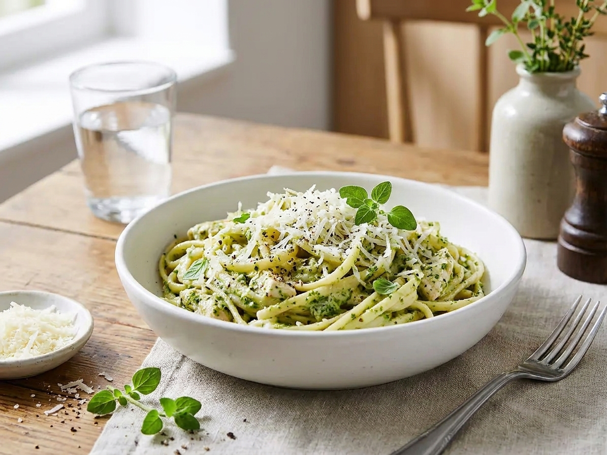 A bowl of creamy chicken pesto pasta topped with grated Parmesan and cracked black pepper on a simple dinner table setting