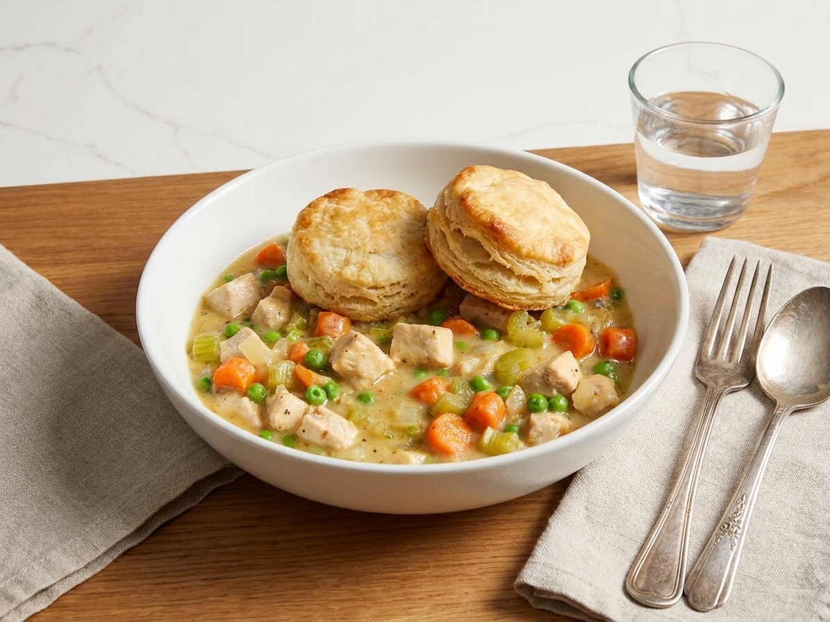 A bowl of creamy chicken pot pie filling topped with two golden biscuits on a simple dinner table setting