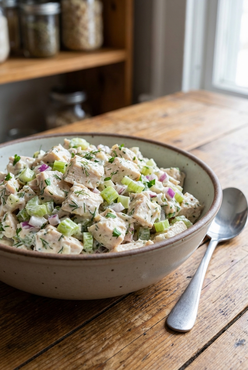 A bowl of creamy chicken salad with celery and herbs on a wooden table with a spoon beside it