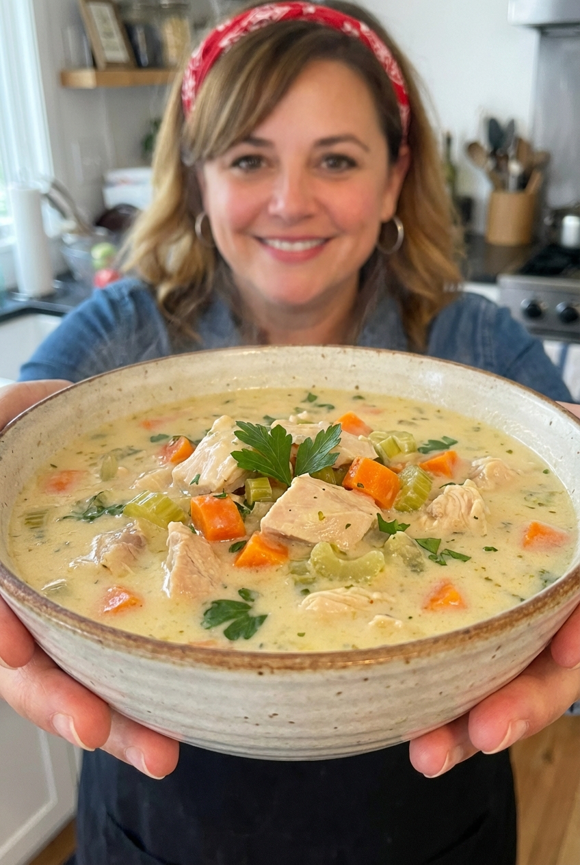 A bowl of creamy chicken soup with carrots and celery