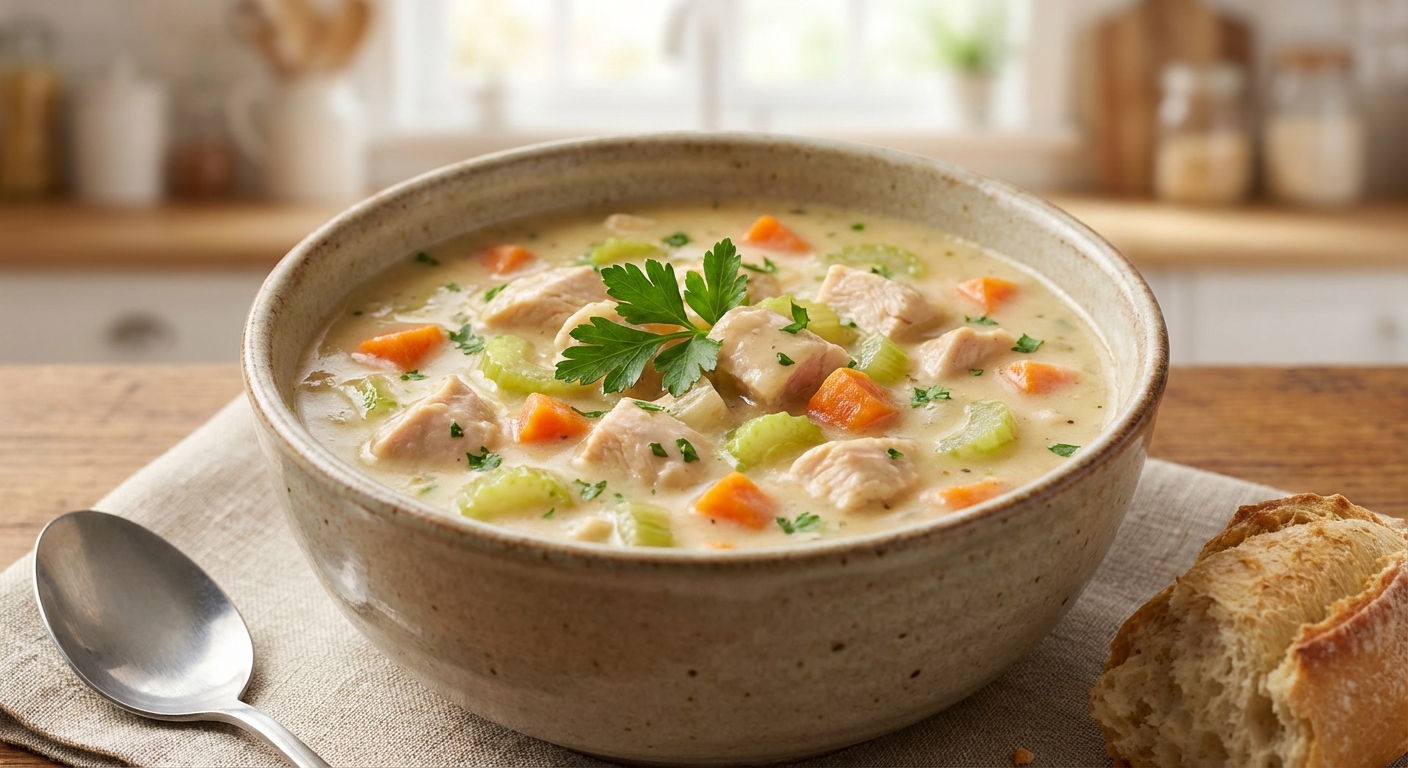 A bowl of creamy chicken soup with carrots and celery