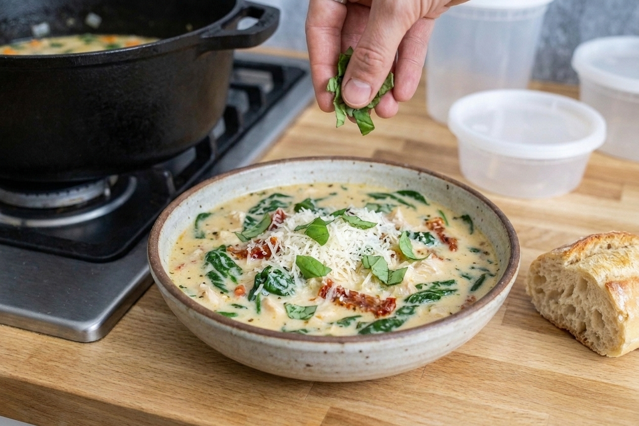 A bowl of creamy chicken soup with spinach and sun-dried tomatoes, topped with grated Parmesan and basil, set on a wooden kitchen table with bread nearby