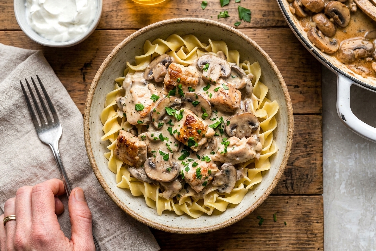 A bowl of creamy chicken stroganoff with mushrooms and sour cream sauce spooned over egg noodles, garnished with chopped parsley on a warm, homey dinner table