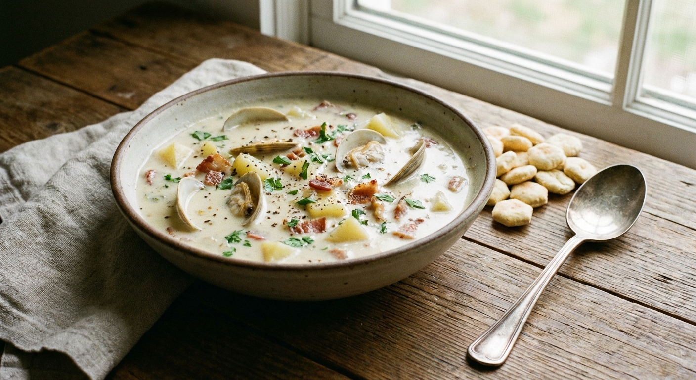 A bowl of creamy clam chowder with crackers on the side, photographed on a wooden table with a spoon, natural light, photorealistic food photography