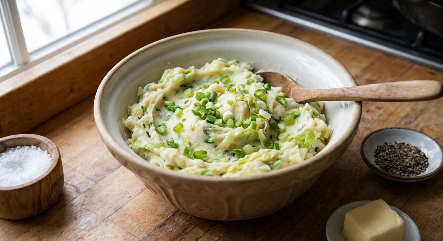 A bowl of creamy colcannon mashed potatoes with visible cabbage ribbons and sliced scallions