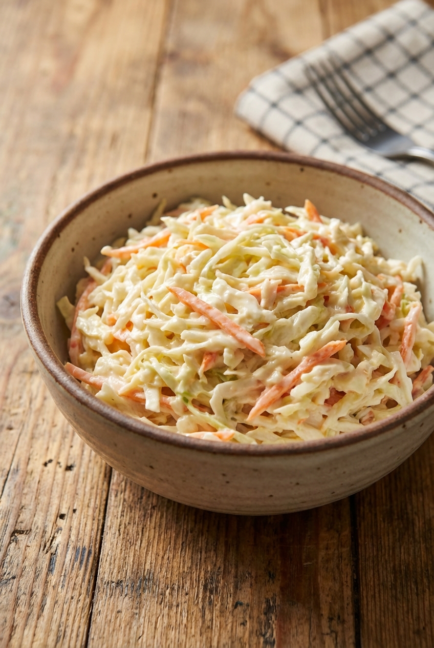 A bowl of creamy coleslaw on a wooden table