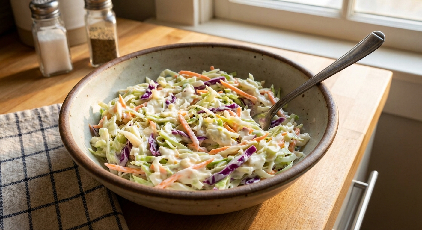 A bowl of creamy coleslaw with shredded cabbage and carrots