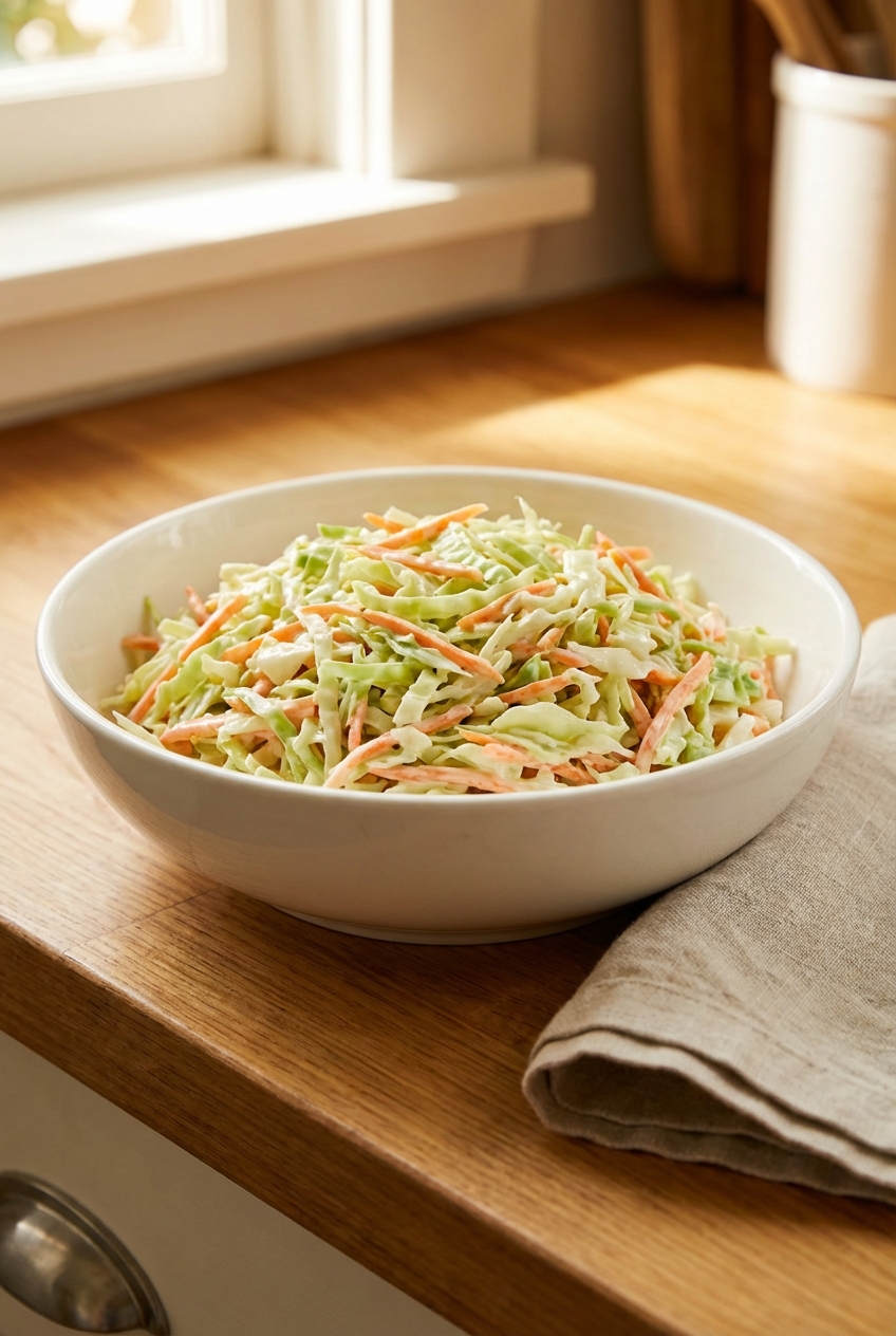 A bowl of creamy coleslaw with shredded cabbage and carrots
