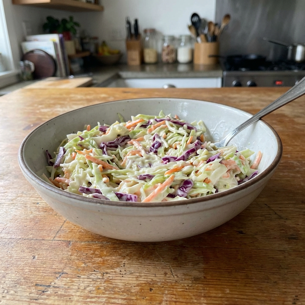A bowl of creamy coleslaw with shredded cabbage and carrots