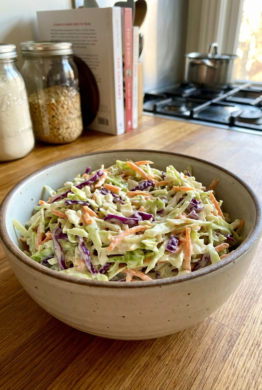 A bowl of creamy coleslaw with shredded cabbage and carrots