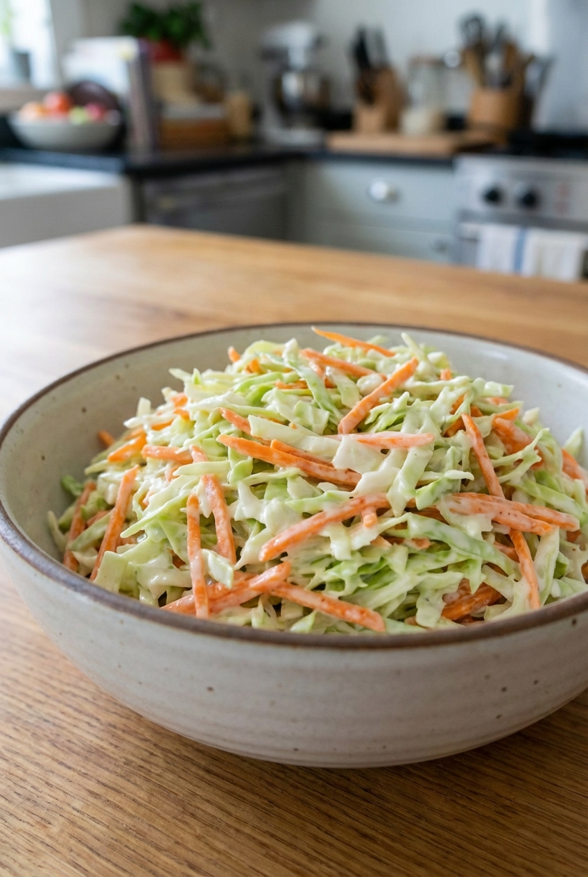 A bowl of creamy coleslaw with shredded cabbage and carrots