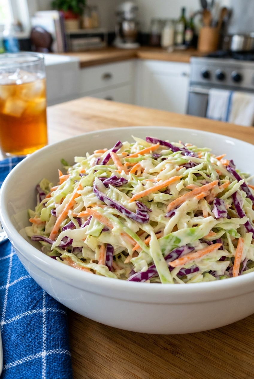 A bowl of creamy coleslaw with shredded cabbage and carrots