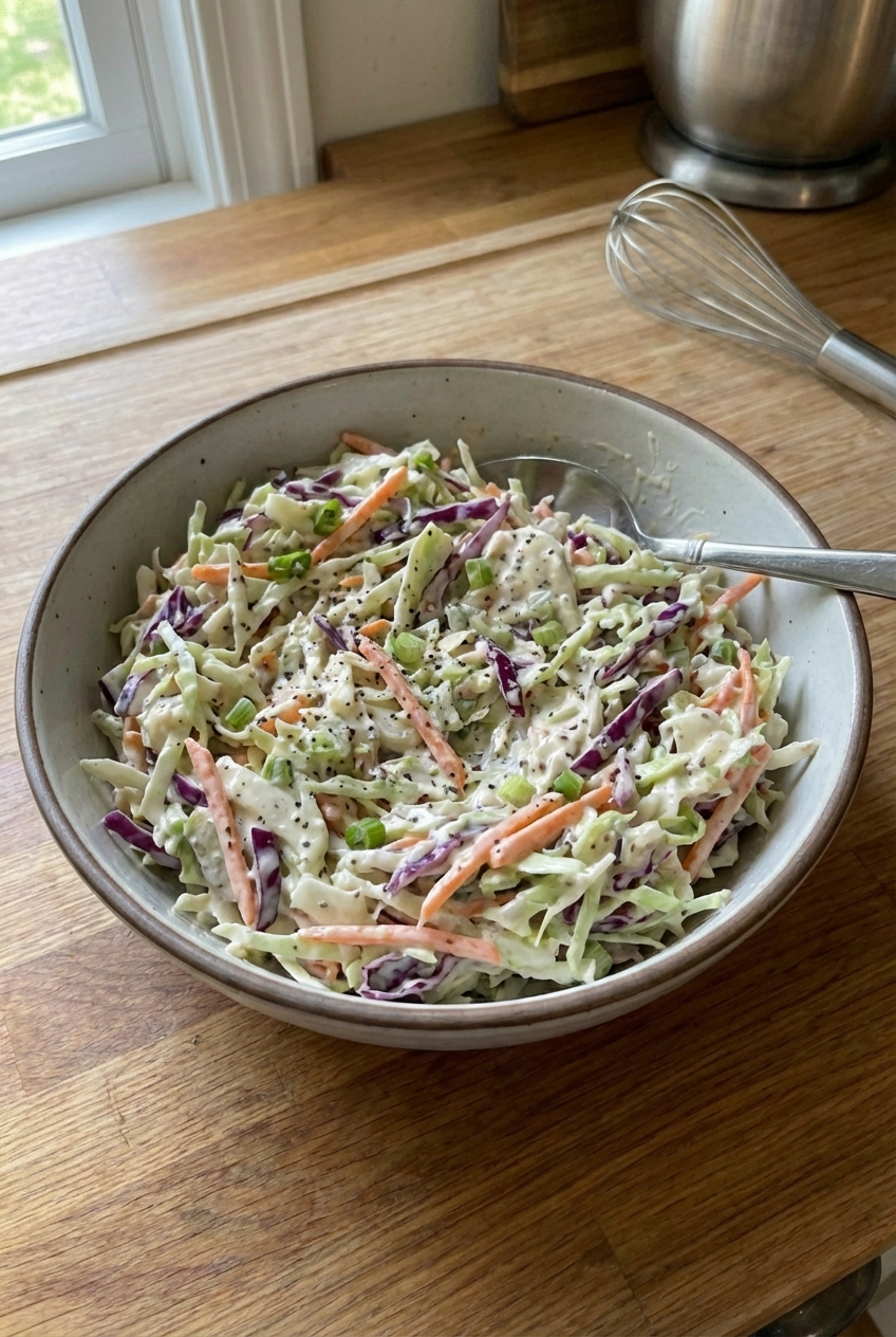 A bowl of creamy coleslaw with shredded cabbage and carrots on a wooden table