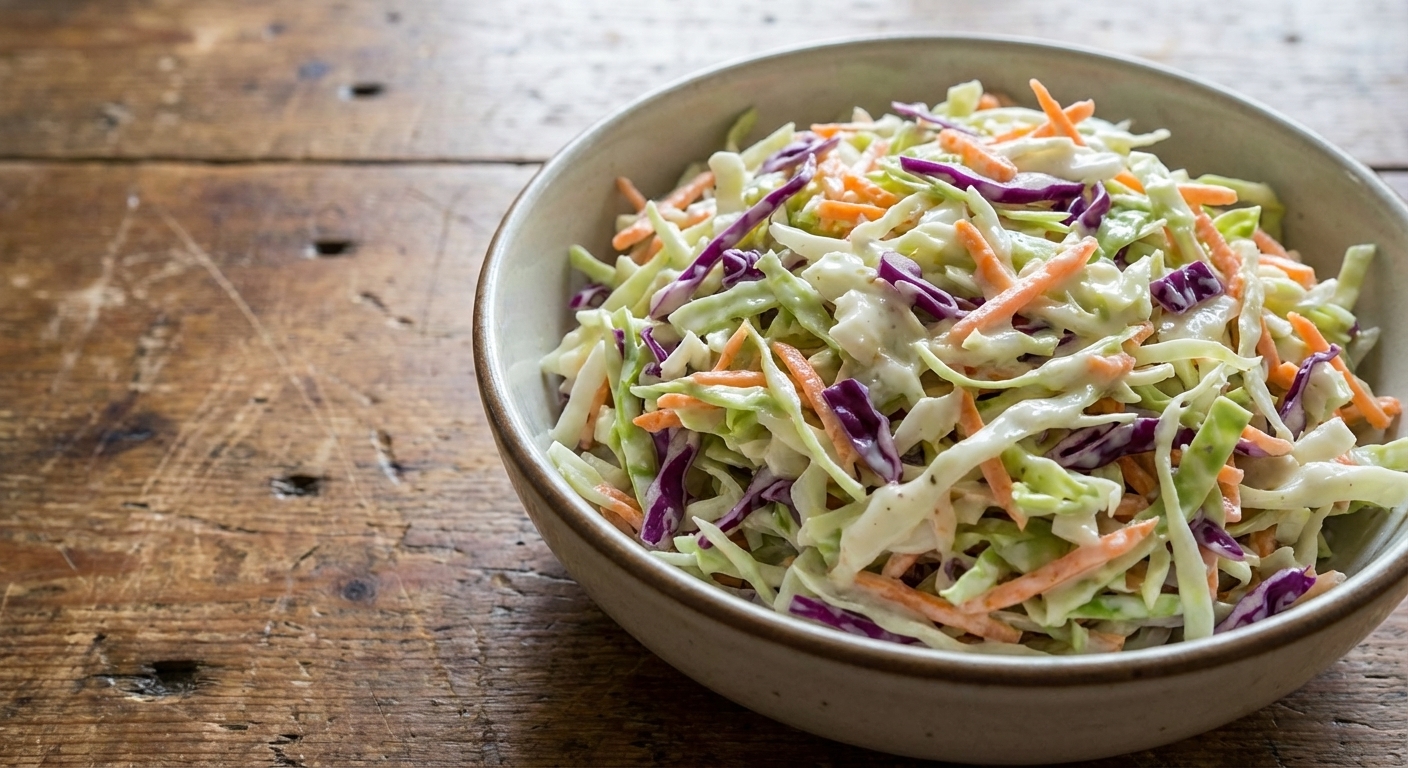 A bowl of creamy coleslaw with shredded cabbage and carrots on a wooden table