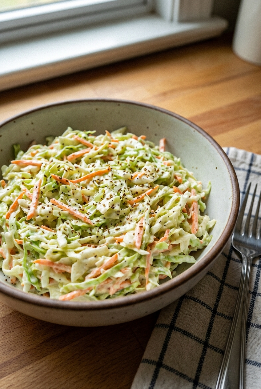 A bowl of creamy coleslaw with shredded cabbage