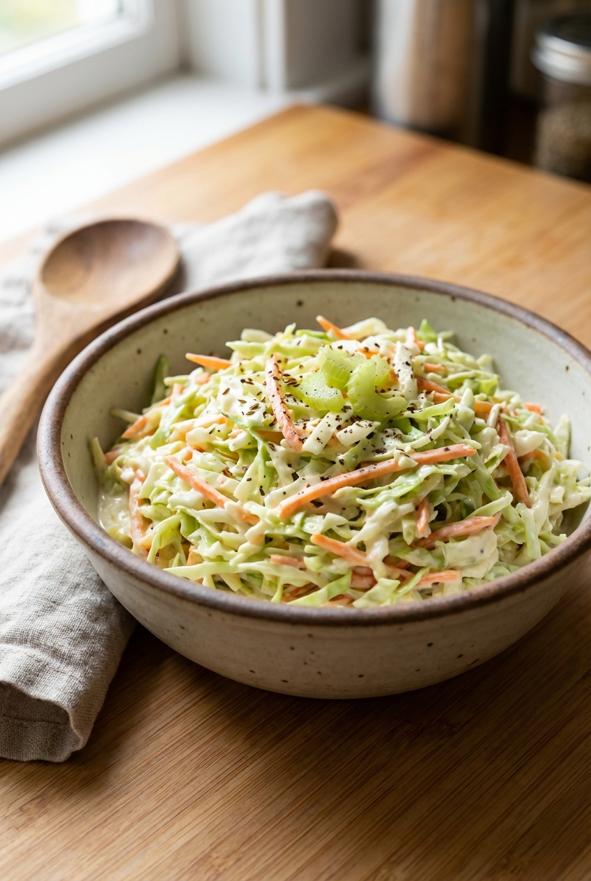 A bowl of creamy coleslaw with shredded cabbage