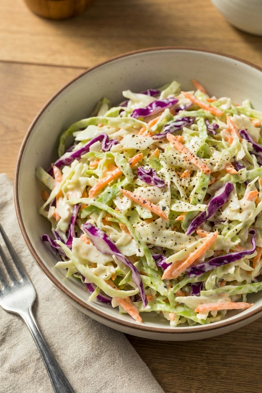 A bowl of creamy coleslaw with shredded cabbage