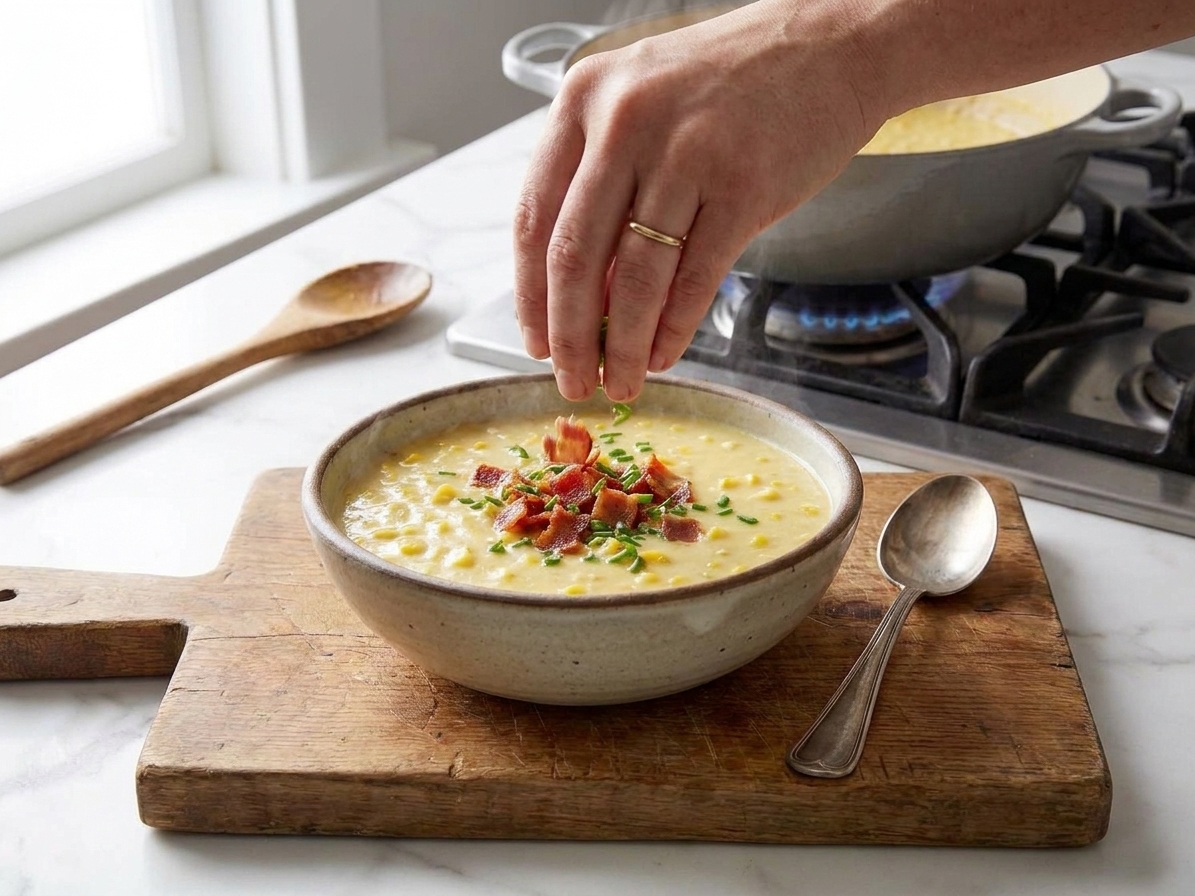 A bowl of creamy corn soup being topped with crispy bacon and sliced scallions on a kitchen counter