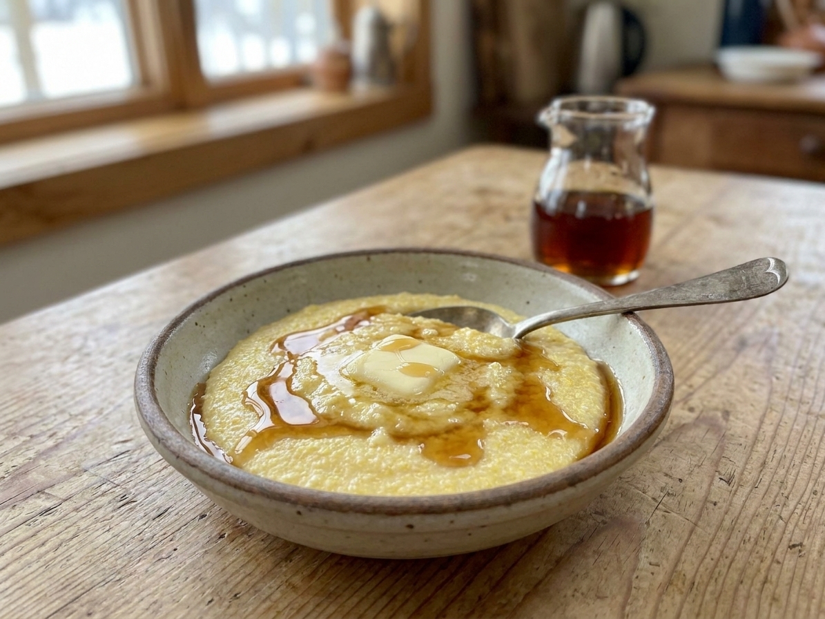 A bowl of creamy cornmeal mush topped with a pat of butter and a drizzle of maple syrup on a wooden table