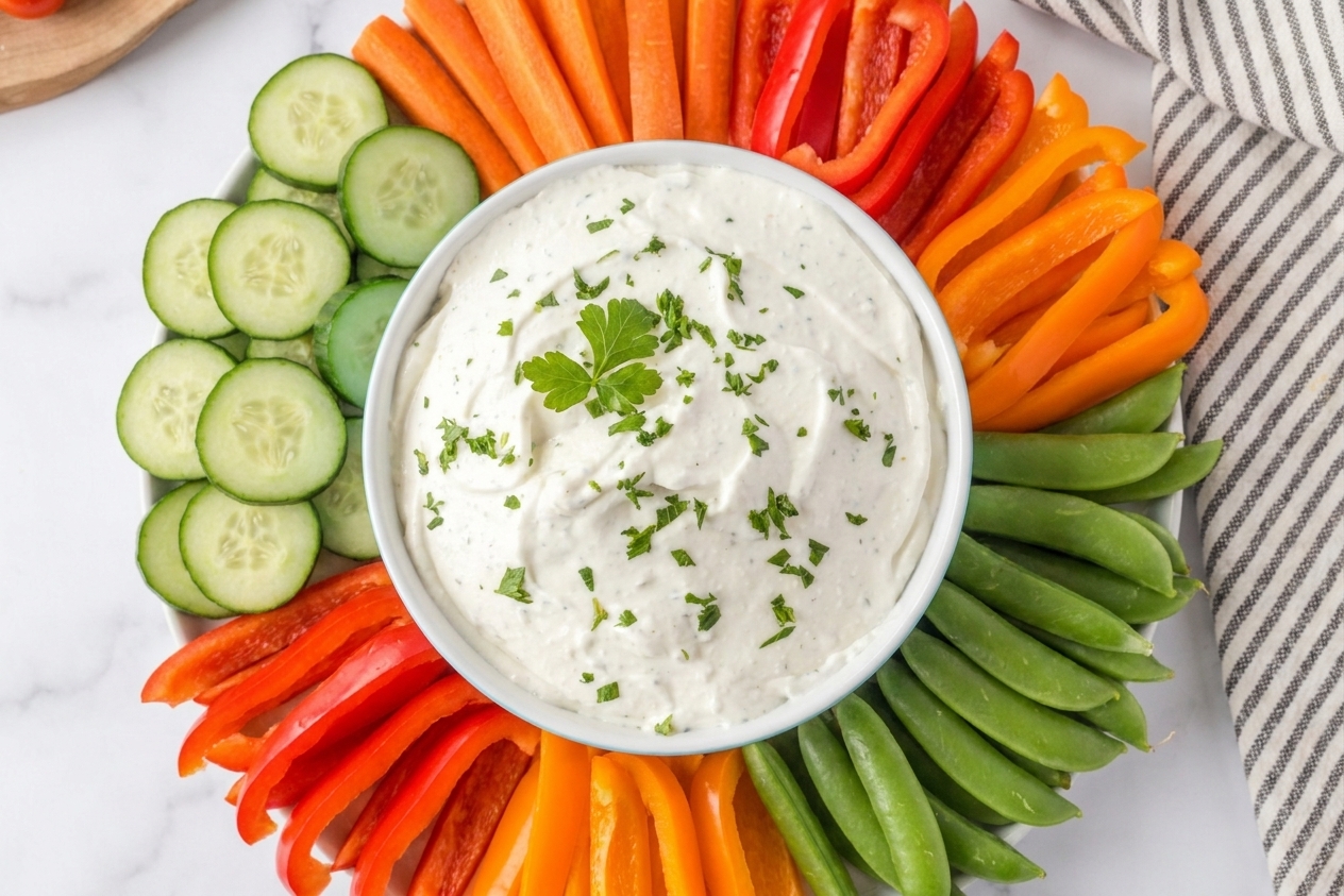 A bowl of creamy cottage cheese ranch dip on a table surrounded by sliced cucumbers, carrots, bell peppers, and snap peas ready for snacking