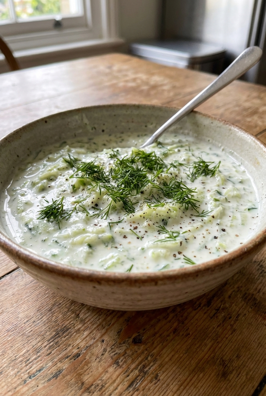 A bowl of creamy cucumber raita with chopped dill and a spoon