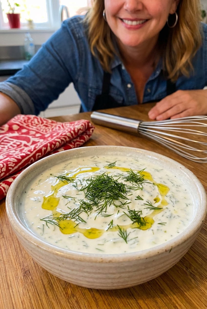 A bowl of creamy cucumber yogurt sauce with dill
