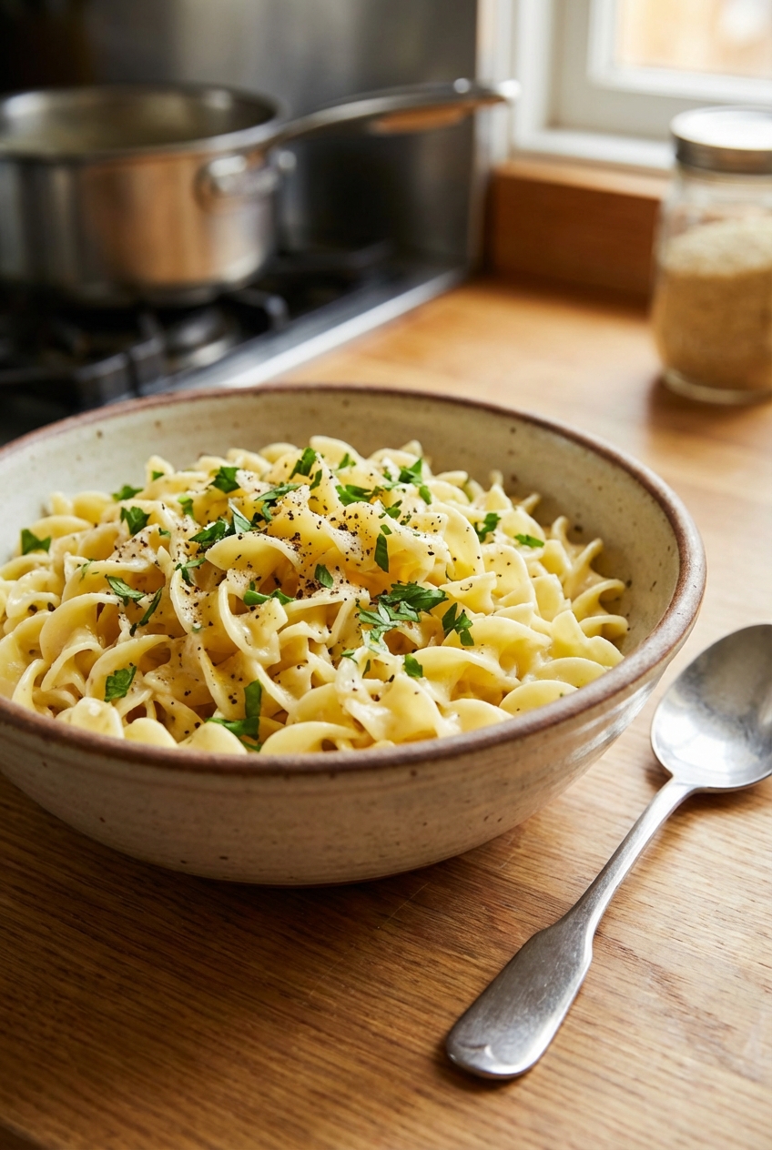 A bowl of creamy egg noodles topped with parsley and black pepper with a spoon on the side