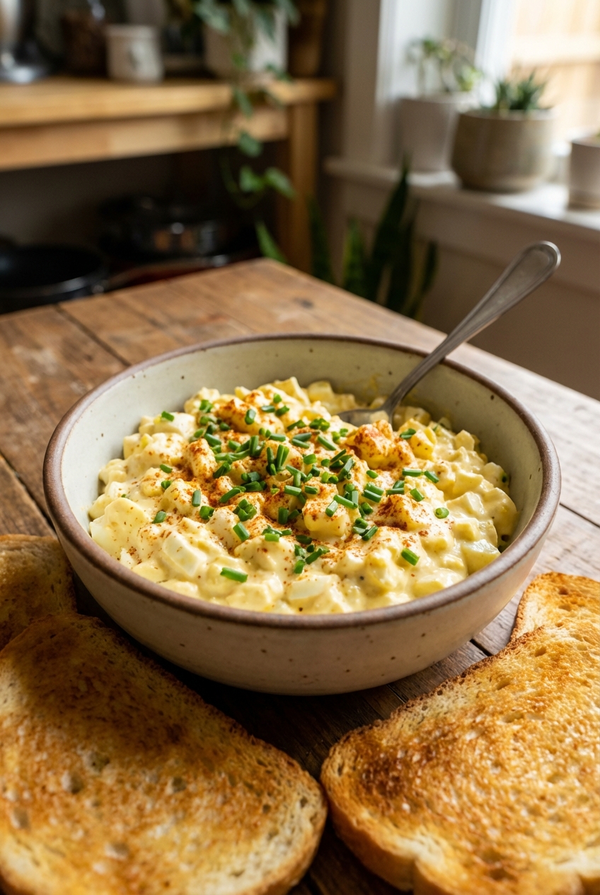 A bowl of creamy egg salad with chopped chives and paprika on top, sitting on a wooden table with toasted bread nearby