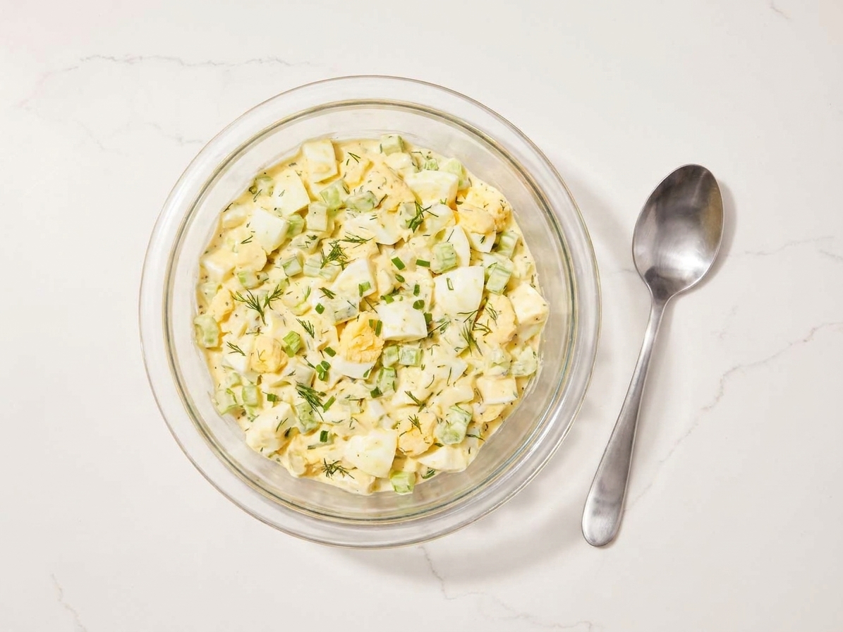 A bowl of creamy egg salad with visible chunks of egg, celery, and herbs on a bright kitchen counter with a spoon beside it