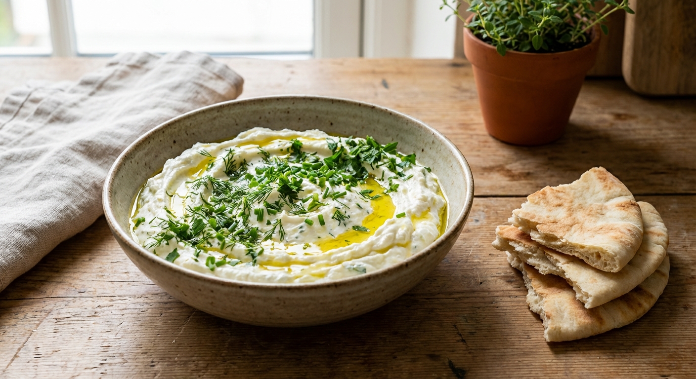 A bowl of creamy fresh cheese dip topped with chopped herbs and a drizzle of olive oil on a wooden table with pita wedges nearby